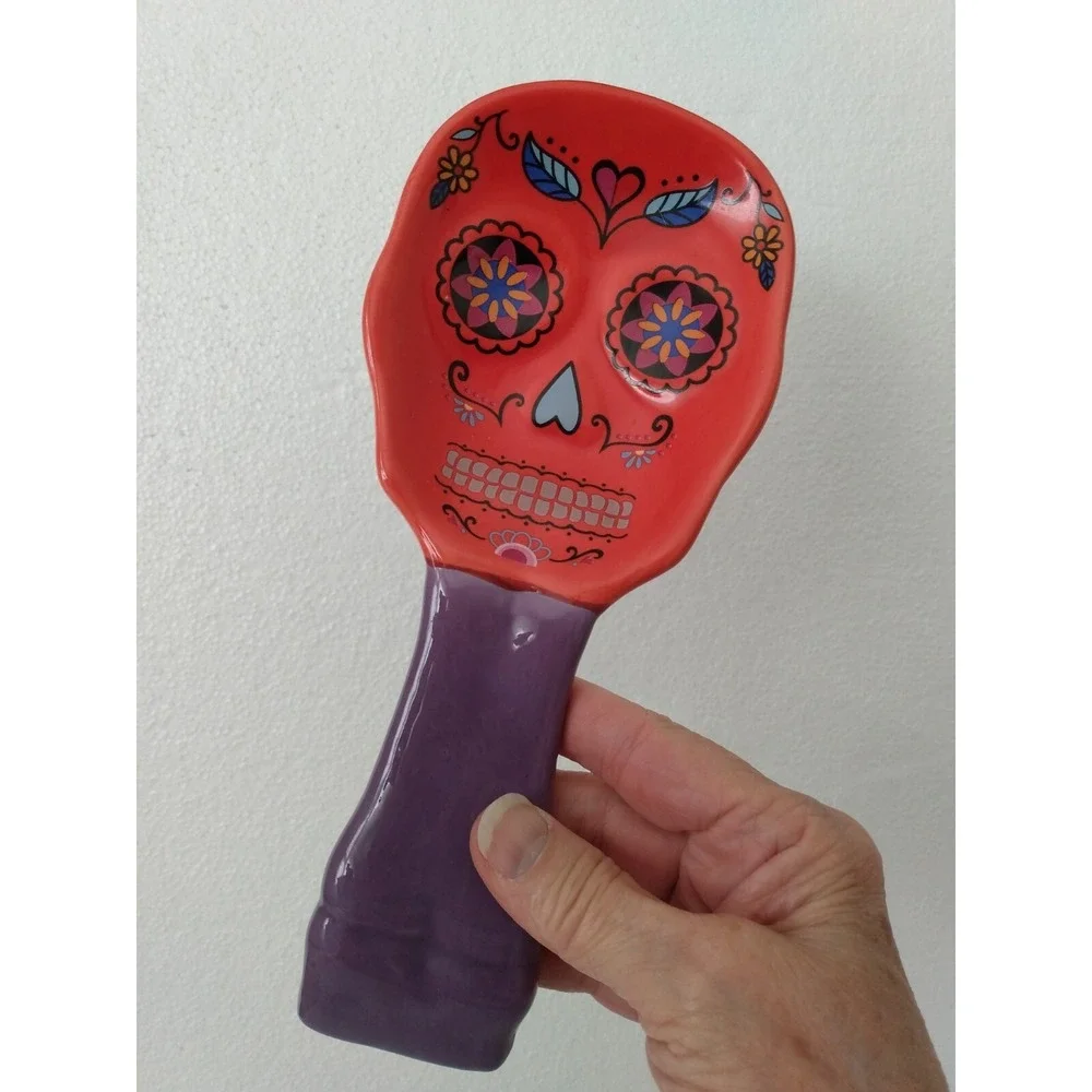 Sugar Skull Spoon Rest Halloween Decor Red & Purple Dia de Los Muertos Kitchen